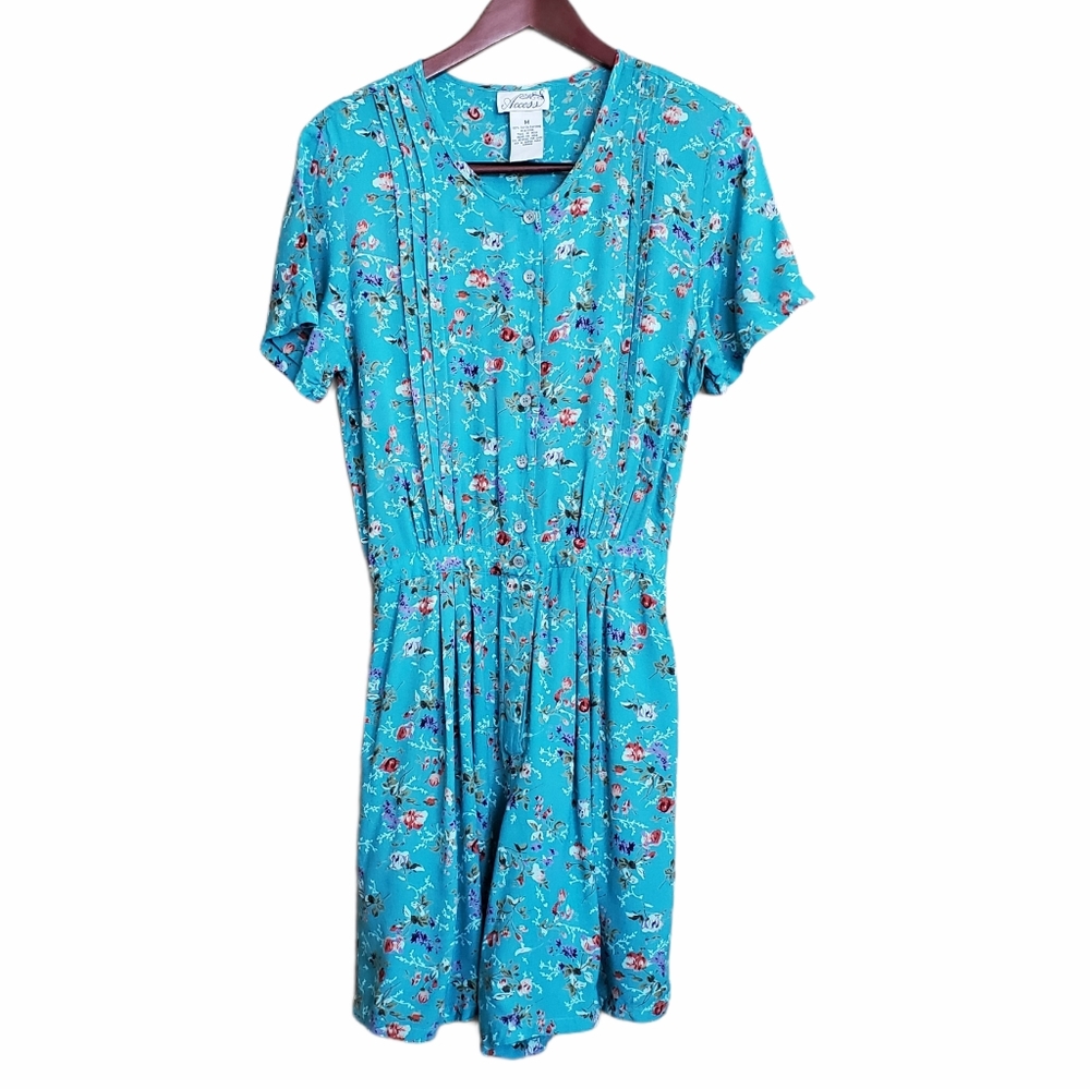 Vintage Access Romper Teal Dainty Floral One Piece Shorts Medium